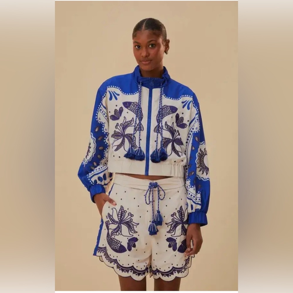 Farm Rio Artisanal Embroidered Resortwear/Beach Shorts Blue White XS Tassel Tie